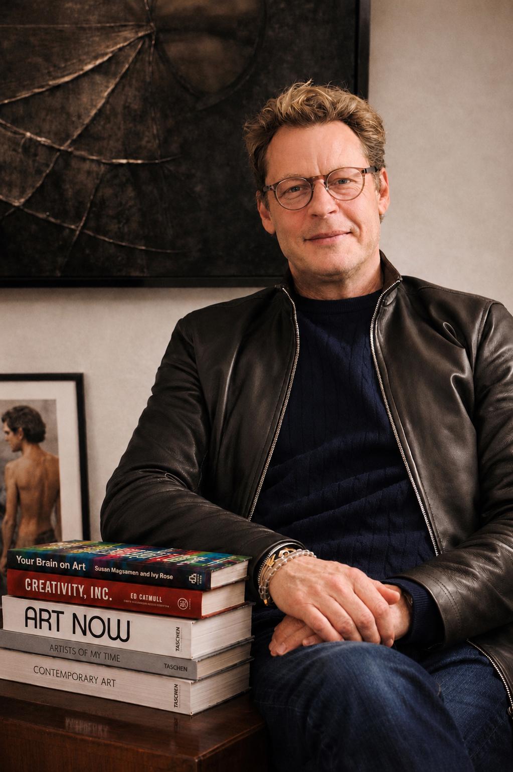 Portrait of Alexandre Daletchine, seated beside a stack of art and creativity books including Creativity, Inc. and Art Now.